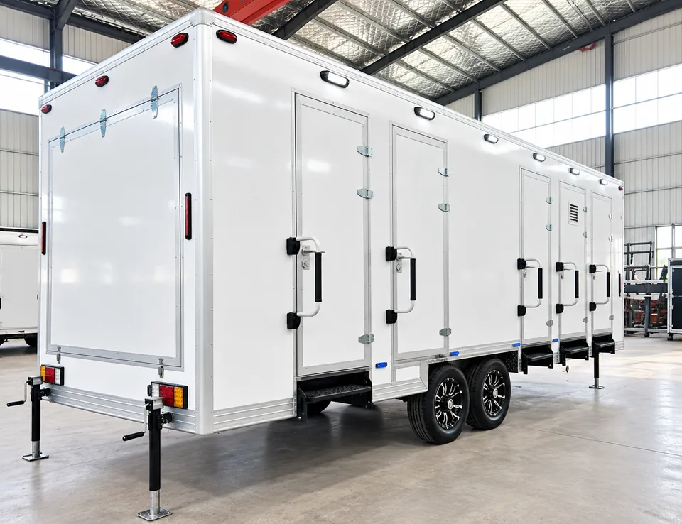 Sink and shower fixtures in an institutional shower trailer lease unit